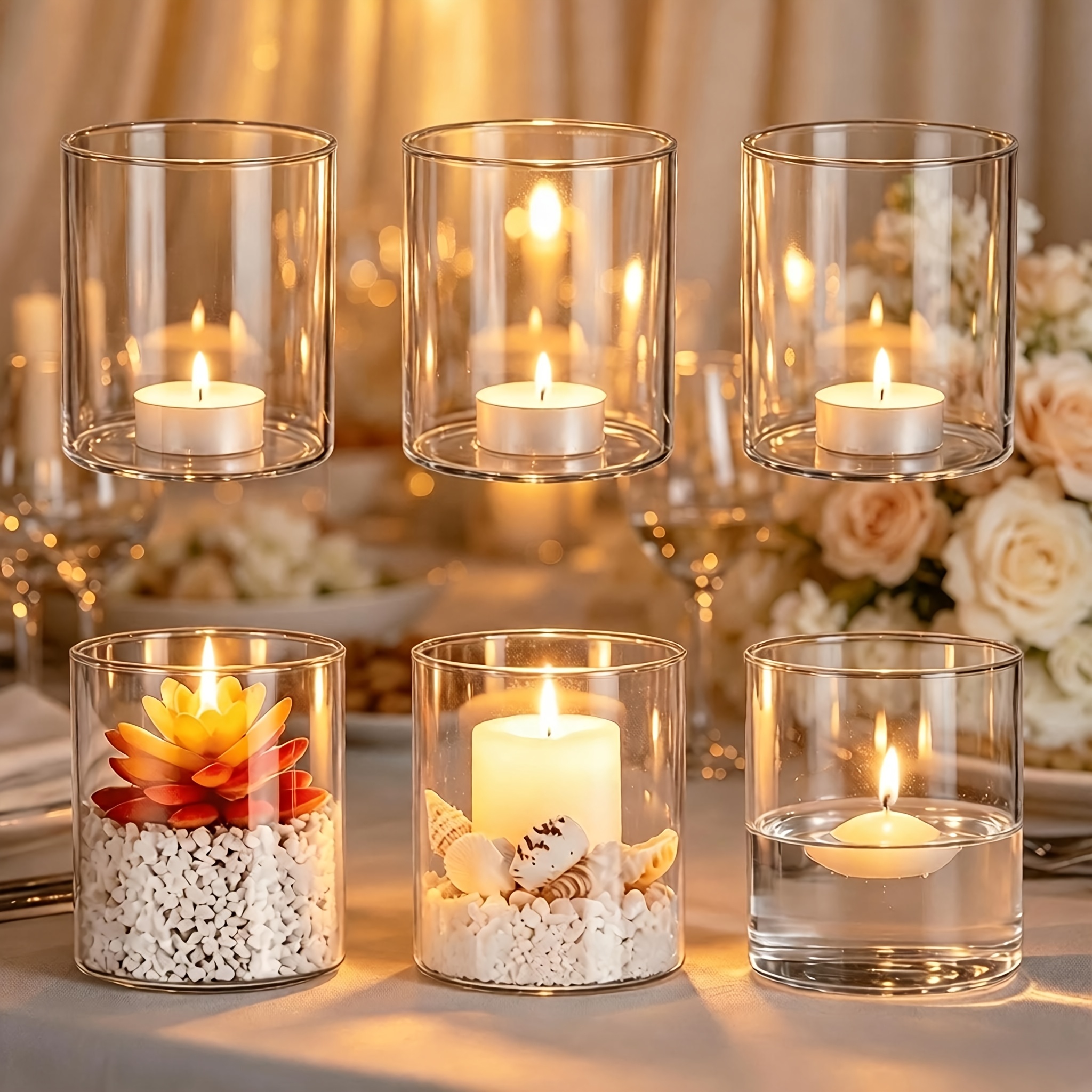TEMU 6pcs High Borosilicate Glass Candlesticks, Vase Clear Glass Cylindrical Candlesticks, Windproof Glass Candlesticks, Centerpiece Decorations,