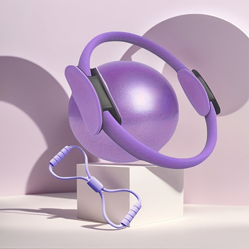 A Set of 3 Pilates Tools Including a Pilates Ring, a Pilates Ball, And a Resistance Band, Designed for Women. Available in Various Colors Such As Blue, Pink, And Purple, This Pilates Essentials Kit Is Perfect for Home Workouts And Rehabilitation.