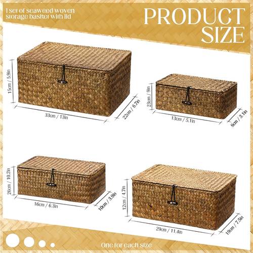 set of 4 seagrass storage bins with lid storage baskets organizer for organizing woven bins home utility box for home office supplies