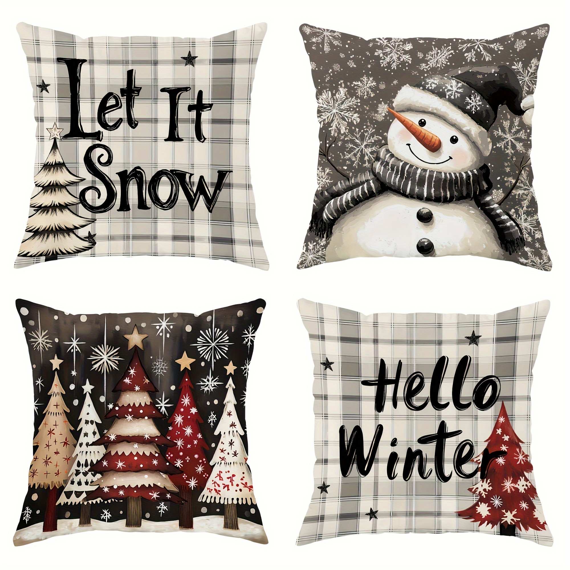 

New 4pcs Set, Christmas 4pcs Set - Snowman And , Zippered Cushion , Suitable For , , , Suitable For 18x18 -