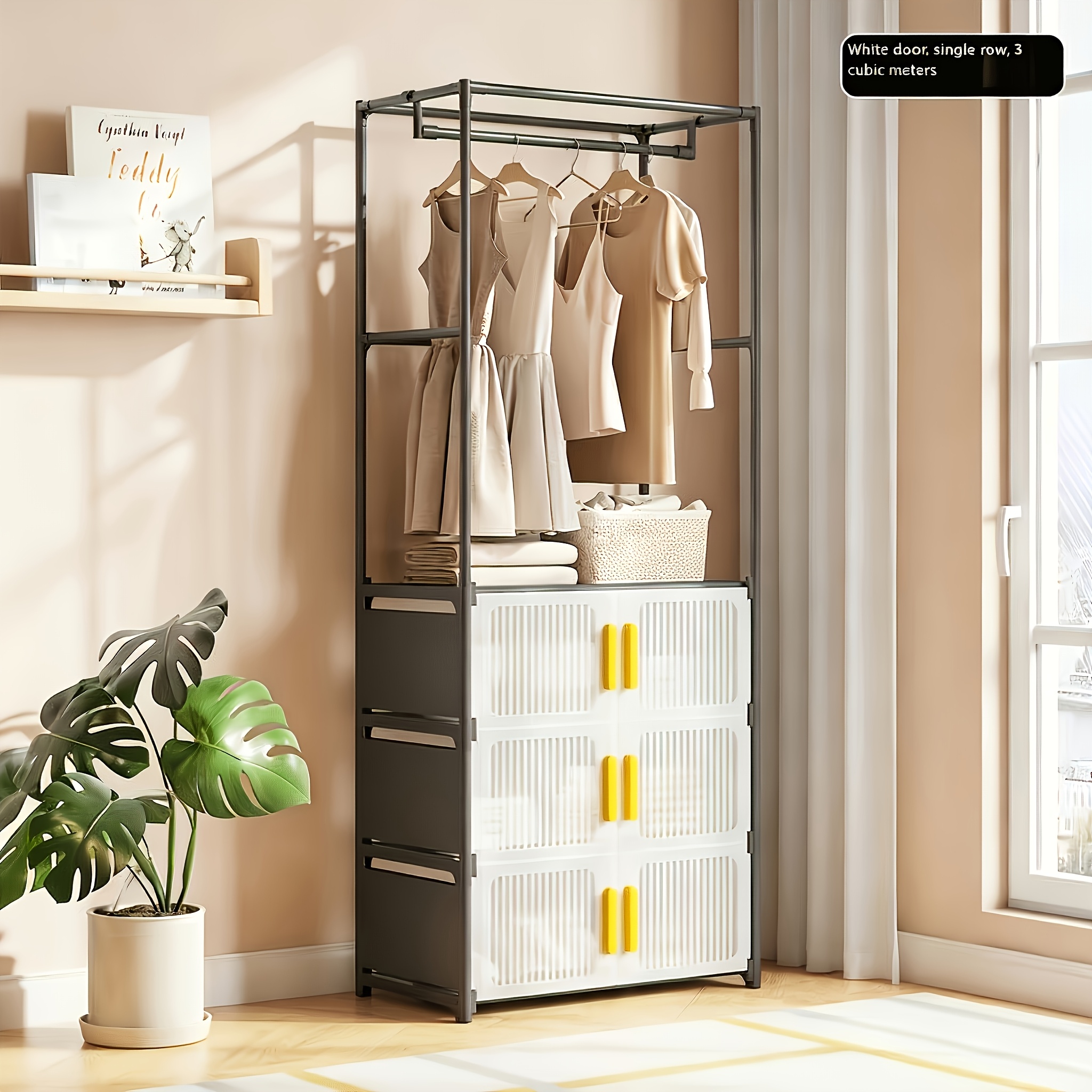 TEMU Freestanding Clothing Rack With Plastic Storage Cabinets, Heavy Duty Garment Rack With Hanging Rod & Stackable Closet Organizer Wardrobe For