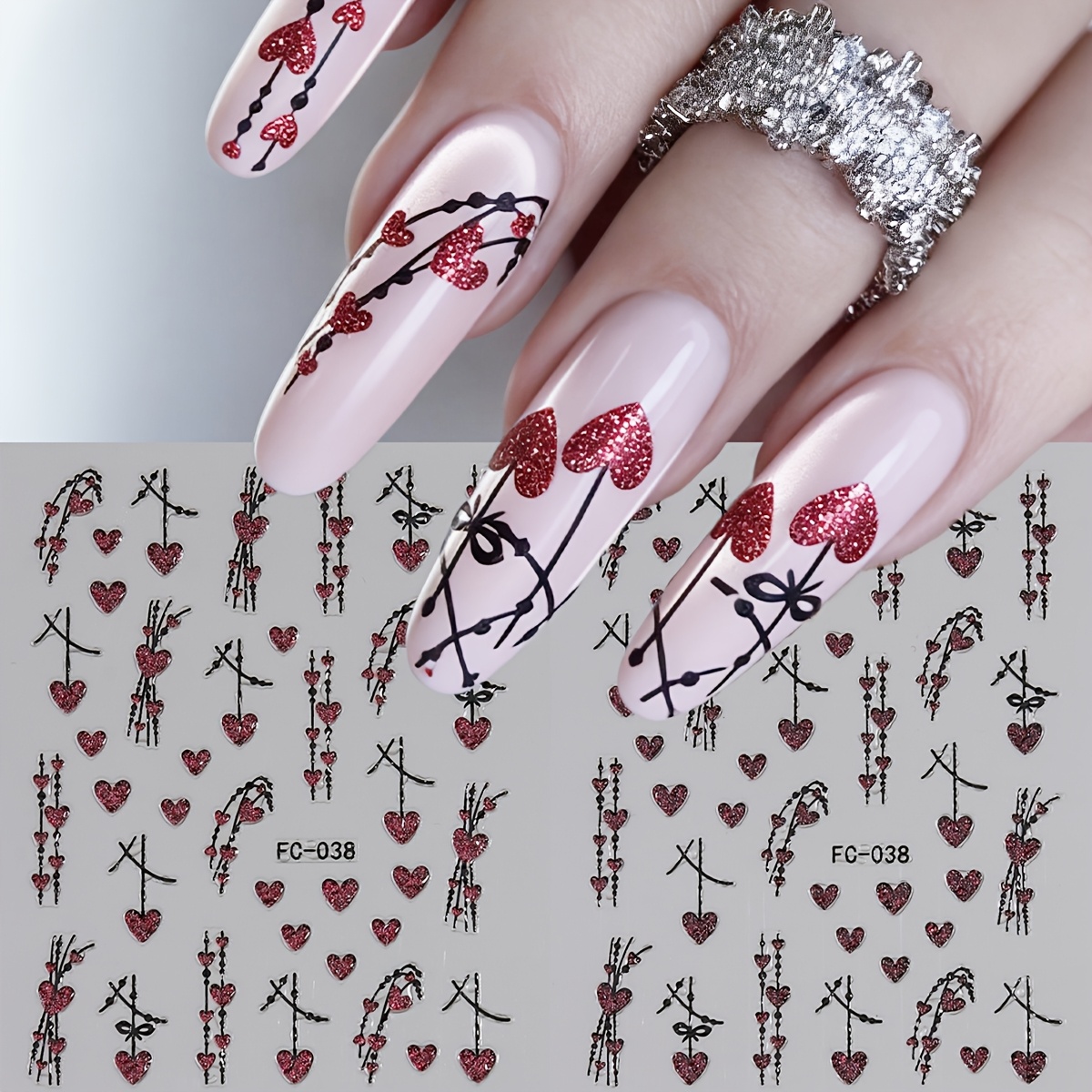 Valentine Day Gift 3d Heart Nail Art Stickers 2pcs Set Of Burgundy & Rose Pattern Sliders, Self-adhesive Cartoon Diy Nail Decals For Women &, Single Use Unscented For Nails Or Plastic