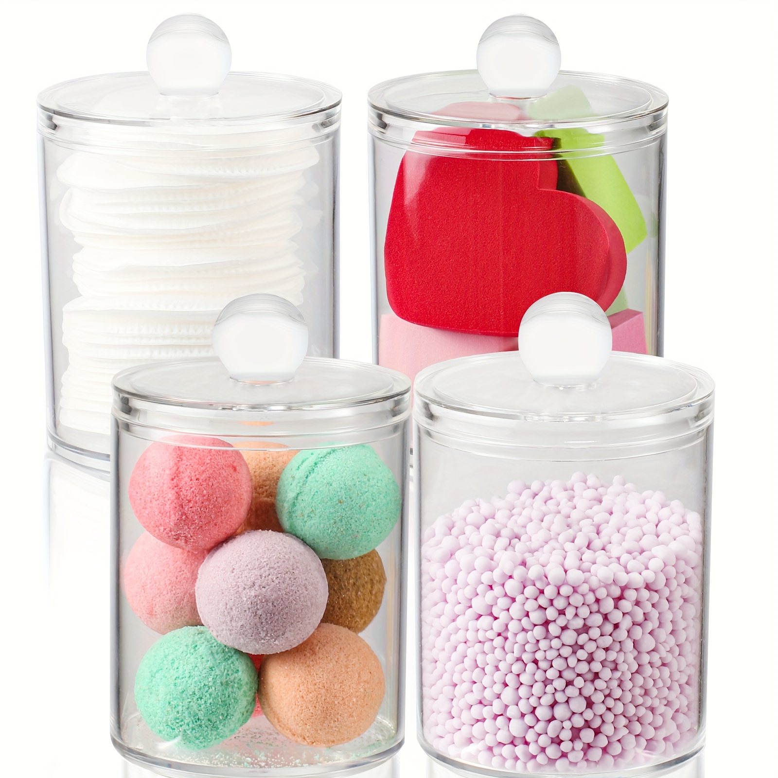 4 Storage Box, Storage Box Set Without Bpa, Durable Plastic Floss Box, Storage Box, Reusable Transparent Plastic Jar, Suitable for Bathroom Storage Box (with Lid), Can Hold Balls, Swabs, The Storage Box Swabs father gift