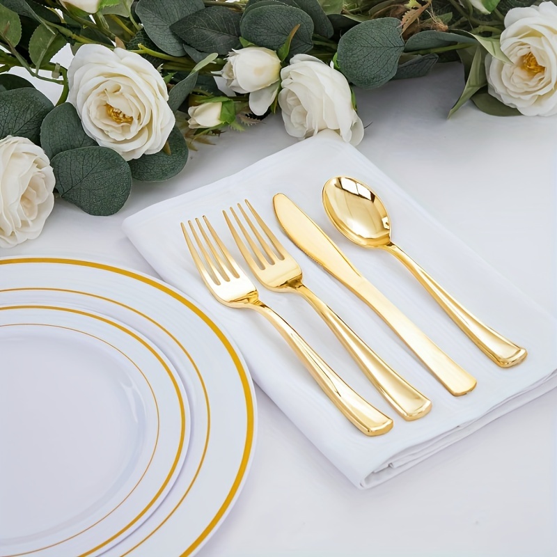 

180 Pieces Disposable Plastic Gold Silverware Cutlery - Plastic Flatware Set 60 Forks, 60 Knives And 60 Spoons - Heavy Duty Gold Plastic Cutlery - Gold Utensils For Party, Wedding, Birthday
