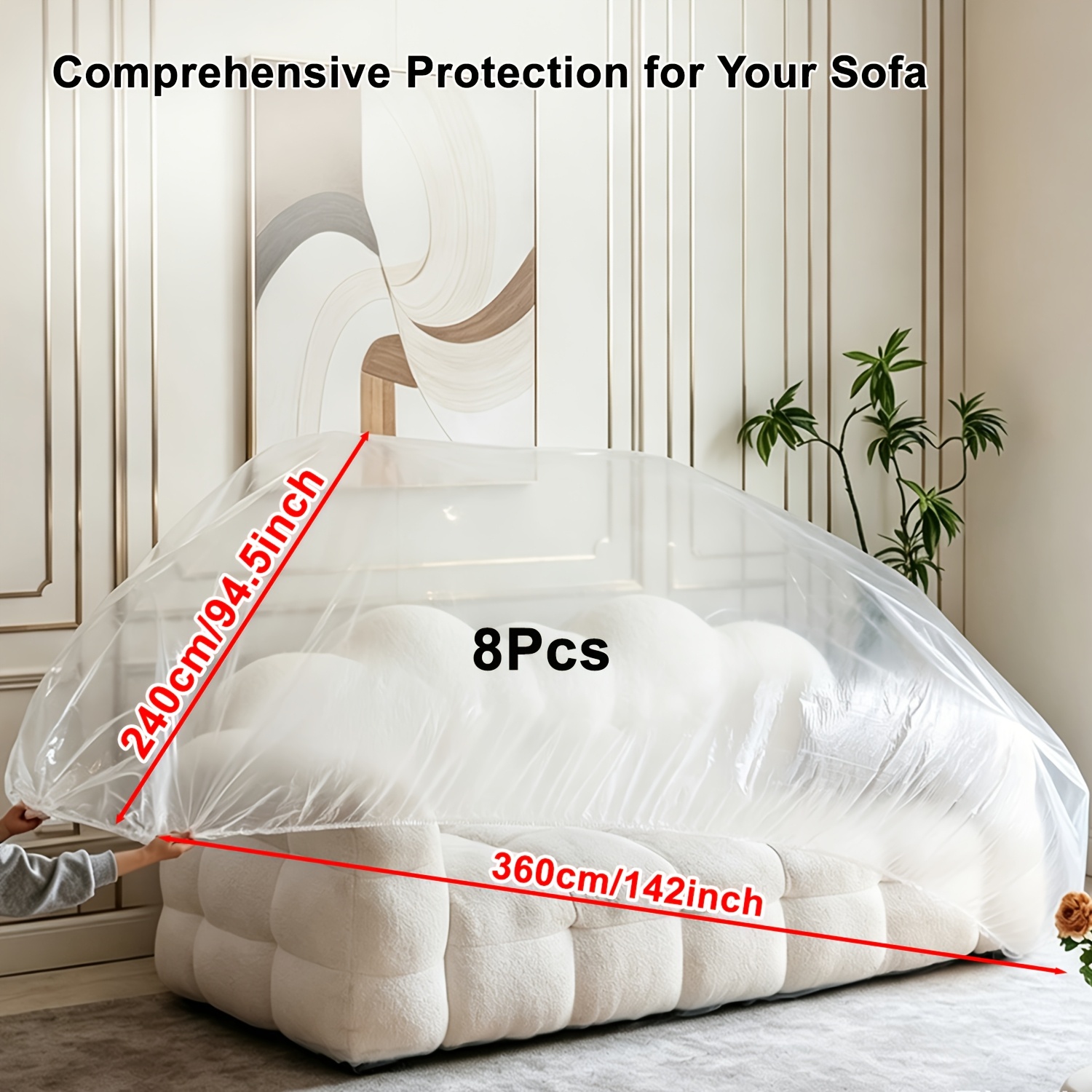 TEMU 8pcs Transparent Plastic Sofa Dust Covers 240 X 360cm/94.5 X 142in, Suitable For Large 2-seater Sofas, Student Single Beds, Dining Tables,