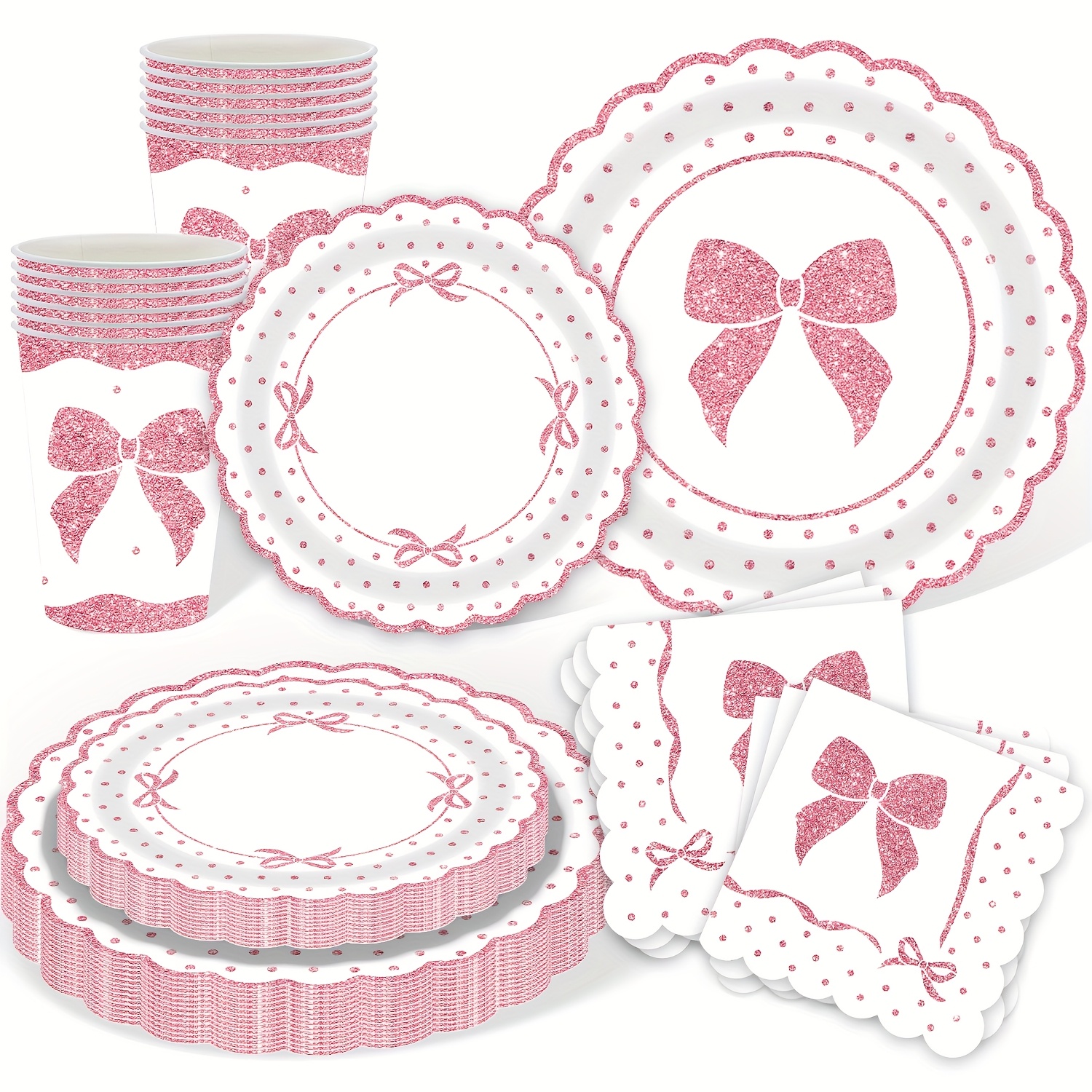 Image of Set Of Tableware Featuring Pink, Black, And Blue Bows For Birthday Celebrations, Including Paper Plates, Cups, And Napkins Designed With A Pink Bow Theme