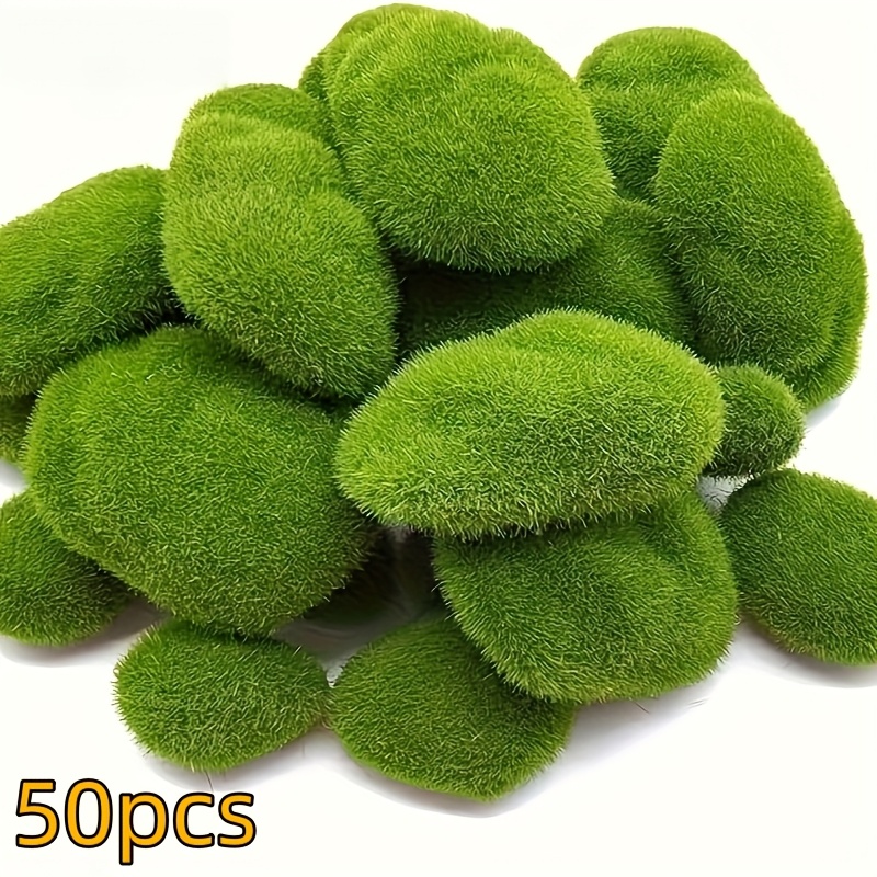 Image of 50 Artificial Moss Rocks, Stones Covered With Artificial , Balls For Decoration, Fake For Fairy Tale Gardens And Floral Arrangements