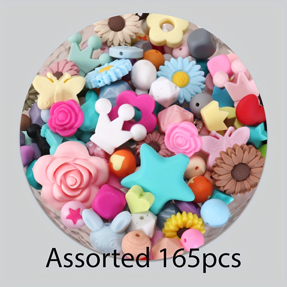 E-shop 165-teiliges Silikonperlen-Schmuckset in verschiedenen Stilen, runde Silikonperlen, Icosahedron-Linsensternperlen für Stifte, geeignet für