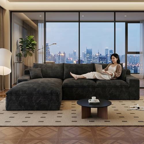 130 modern l shaped sectional sofa with chaise lounge corduroy upholstery modular cloud couch suitable for living room bedroom foam cushioning deep seat boneless no no wood frame black