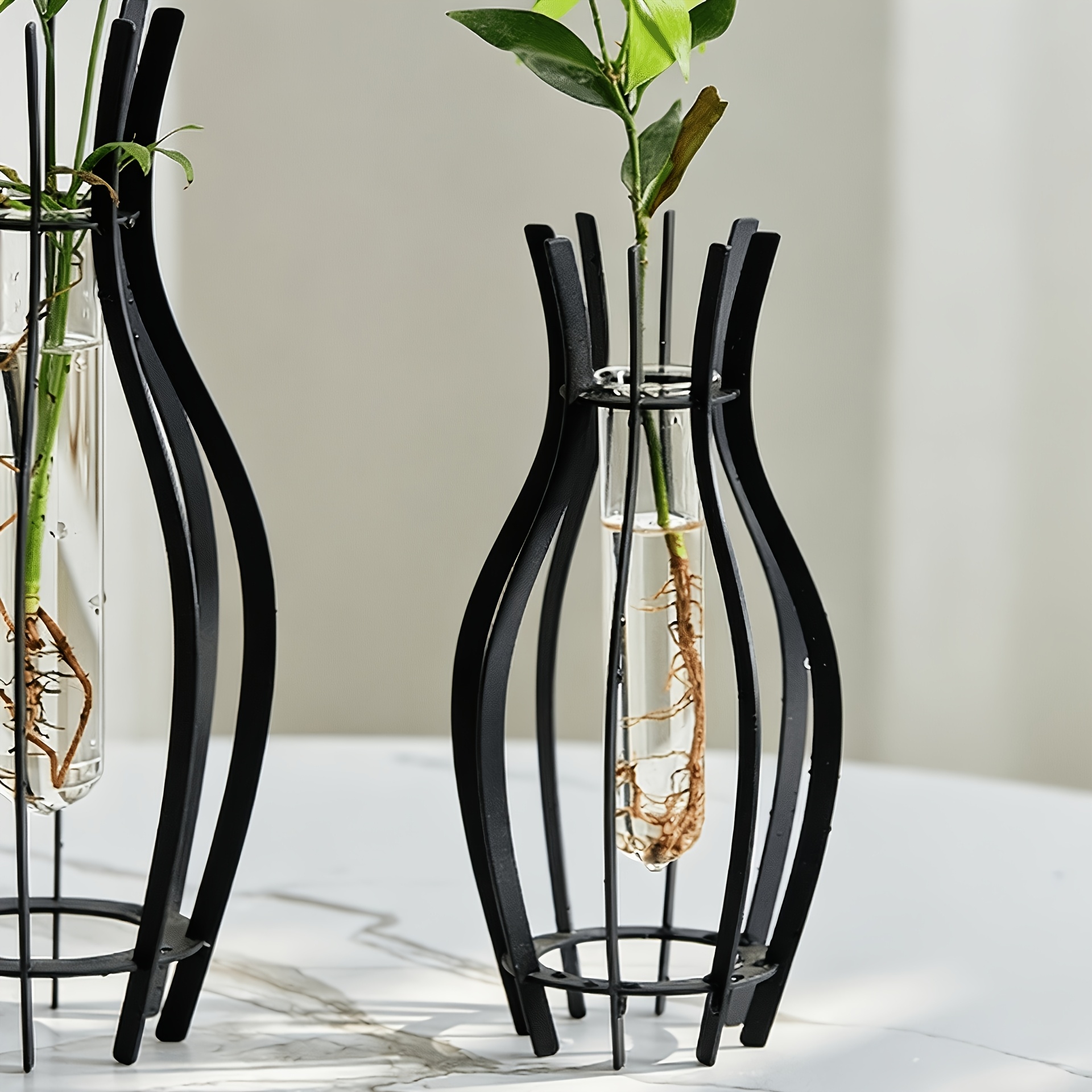 1pc Black Metal And Glass Decorative Vase | Modern Minimalist Flower Holder For Home Decor, Table Centerpiece, Shelf Display, Gift (plants Not Included)