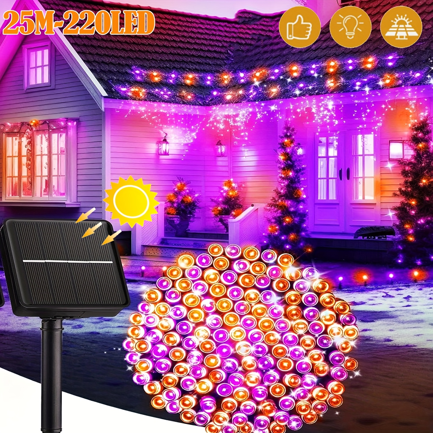 Image of Solar Halloween Lights Outdoor - 15m/120leds, 25m/220leds, 35m/320leds Purple Yellow String Lights, 8 Ip65 Solar Powered Halloween Decor For Garden, Fence