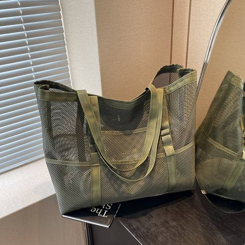 chic womens mesh tote bag versatile shoulder carry breathable fabric multi in black grey white green ideal for beach school and everyday use