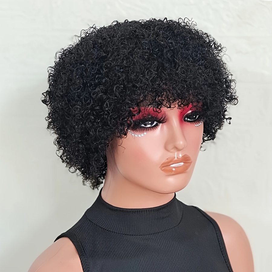 TEMU Perruque brésilienne en cheveux humains réels pour femmes | Afro naturel bouclé court avec frange | Texture crépue courte de 15 cm | de 150 % |
