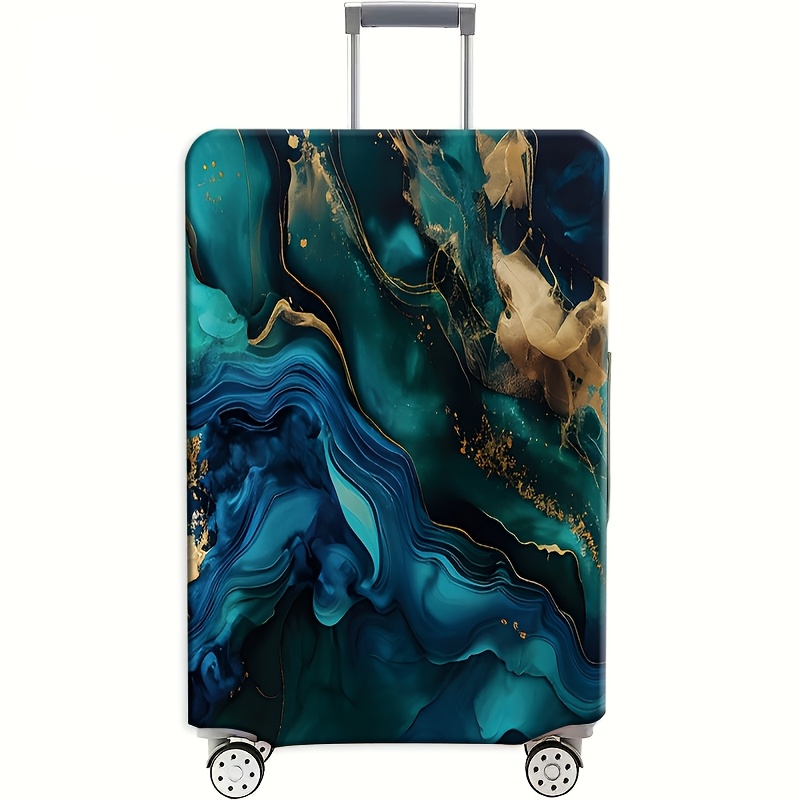 TEMU Only Sells Luggage Cover 2d Flat Travel Essential, Teal And Golden Fluid Marble Pattern Luggage Cover, Dustproof Elastic Travel Accessory For