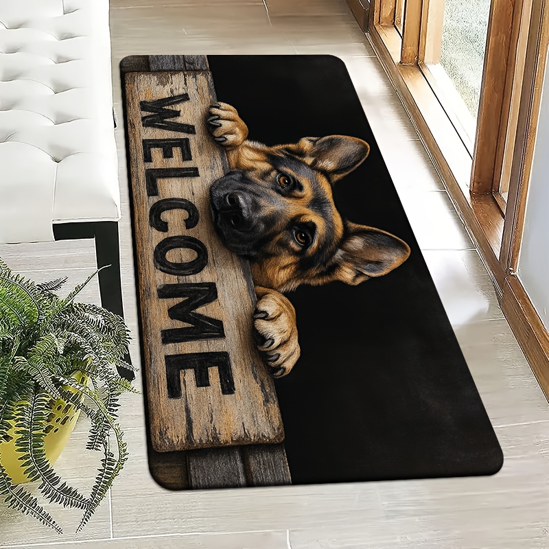 TEMU Item, Funny Doormat With Flannel And 1cm Thick Sponge Material, German Shepherd Peeking Wooden Sign Welcome Letter Vintage Style , Suitable For