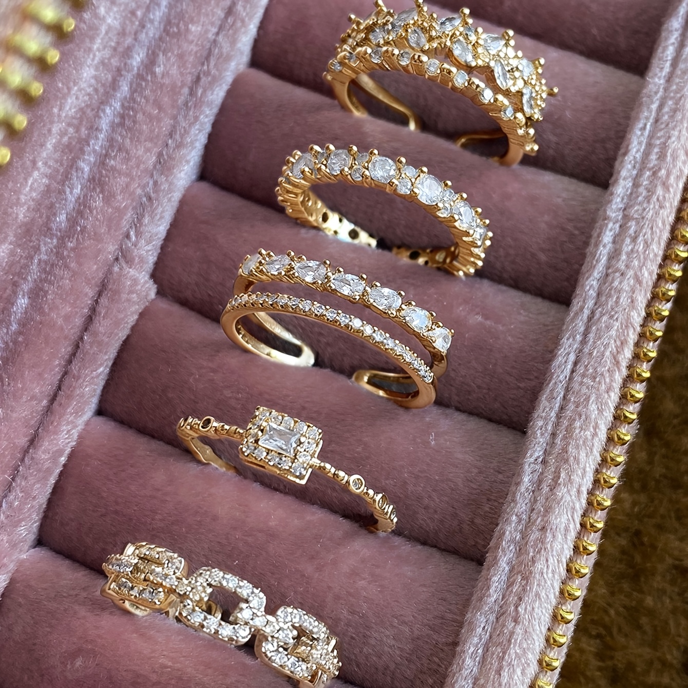 TEMU 5pcs Light Luxury Exquisite And Elegant Women's Ring Set, Copper Alloy With Cubic Synthetic Zirconia Inlay In Various Geometric Shapes And