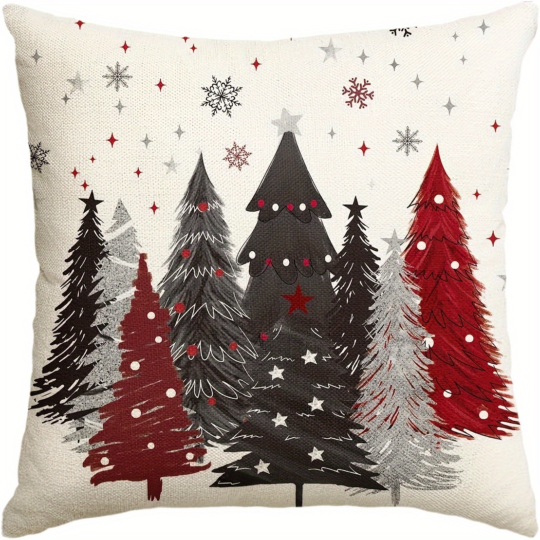 TEMU Vintage Christmas Trees Snowflake Throw Pillow Cover - 100% Linen Zipper Closure Cushion Case, Machine Washable Holiday Decor For Sofa Couch