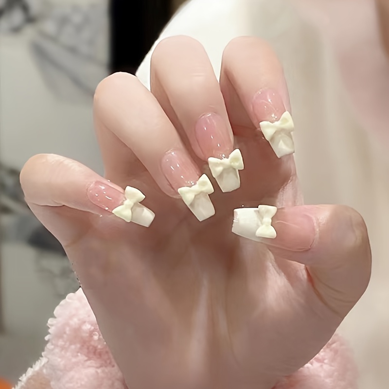A Set Of 24 Medium-long French Almond Pink And White Glossy Fake Nails With 3d Bow-knot Pearl Decoration, Detachable Nail Pieces, Full Coverage Nails For Women And