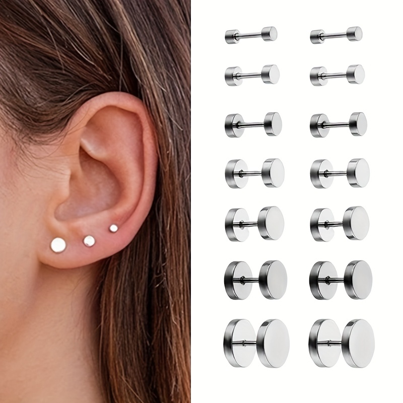 TEMU Set di orecchini unisex , 14 pezzi, in acciaio inossidabile, con schienale piatto e viti per cartilagine (7 pezzo), 4 mm-10 mm, set di orecchini