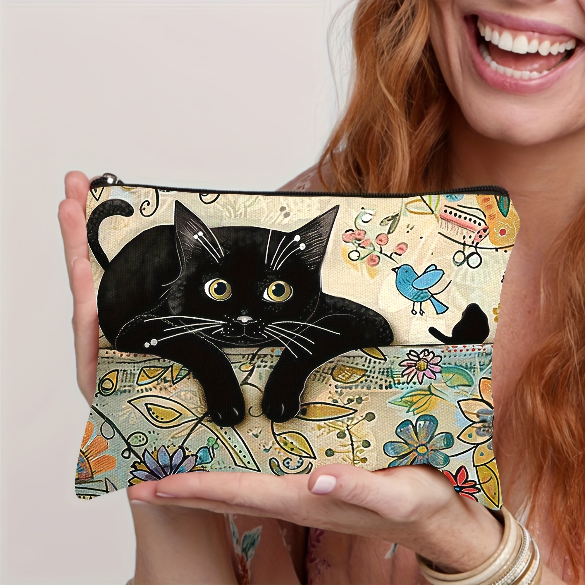 

1pcs Canvas Cosmetic Bag For , Unisex Adult Makeup Pouch With Black Cat Positioning Printing, Stationery Organizer For Office Desk, Teacher Appreciation Gift, Unscented Zippered Storage Bag