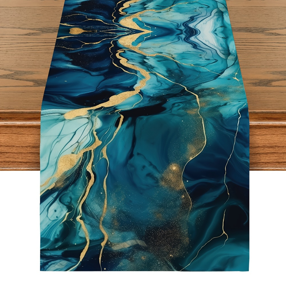 

1pc, Table Runner, Abstract Marble Turquoise And Black Peacock Stone Texture Table Runner, Polyester Farmhouse Dresser Scarf, Decorative Table Cover For Dining, Coffee Table