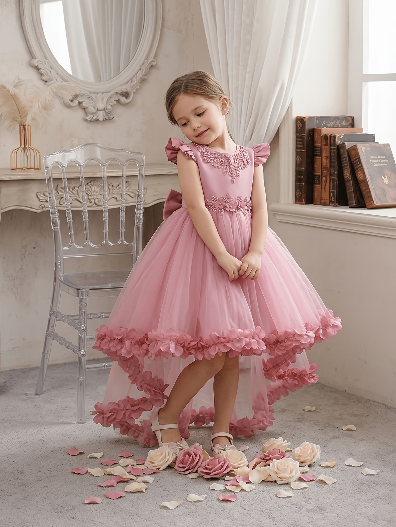 open lace back dress Mondressy Girl's Ball Gown 3/4 Length Sleeves Floor Length Lace Victorian Princess Costume Cosplay Masquerade Rococo Party Dress with Bowknot 120 UK main image 0