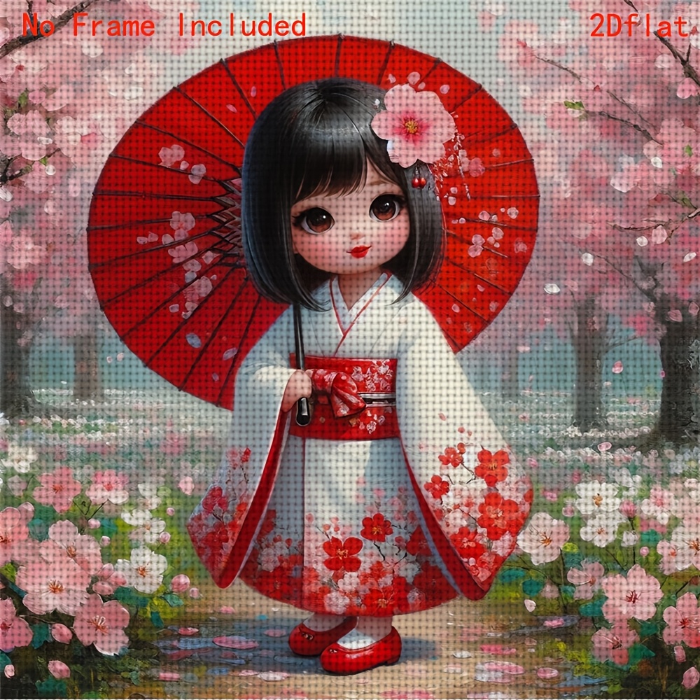 TEMU 1 pièce Nouveau kit de point de croix imprimé cadre à soi- pour adulte, motif 2D "Figure en kimono tenant un parapluie rouge des ", ensemble de