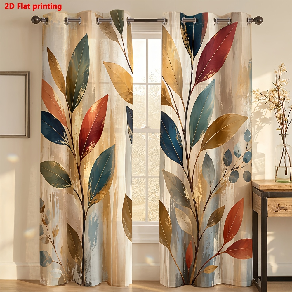 Image of 2d Flat - 2d Flat 2pcs Curtains Watercolor Leaf Pattern For Living Room Bedroom Home Decor Light Luxury Minimalist European Style, Suitable For Living Rooms, Bedrooms, Study Rooms, And Home Decoration