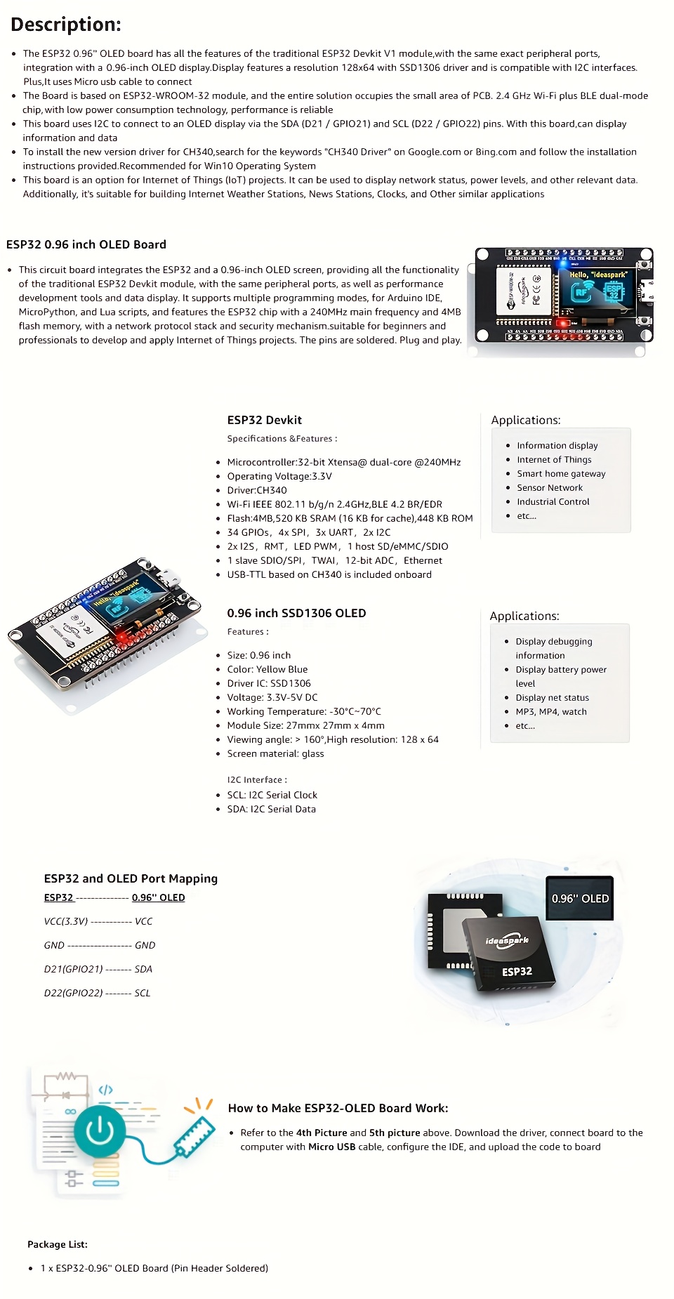 Ideaspark® ESP32 Entwicklungsboard mit eingebautem 2,44 cm OLED-Display, CH340-Treiber, WLAN+Ble-Wireless-Modul und Micro-USB, kompatibel mit Arduino/Micropython (Lötpin)