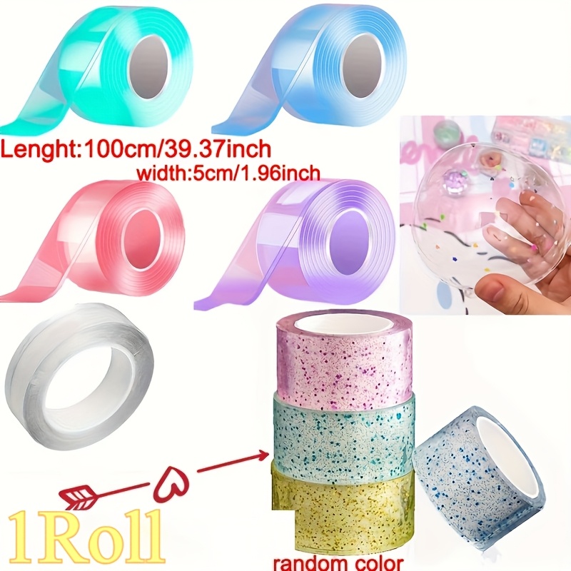 TEMU Random , Large Size, 1 Roll, 5.0cm Wide, 100cm Long, Shiny Transparent Nano Double-sided Tape, Reusable, Strong , Suitable For Home, Office, And