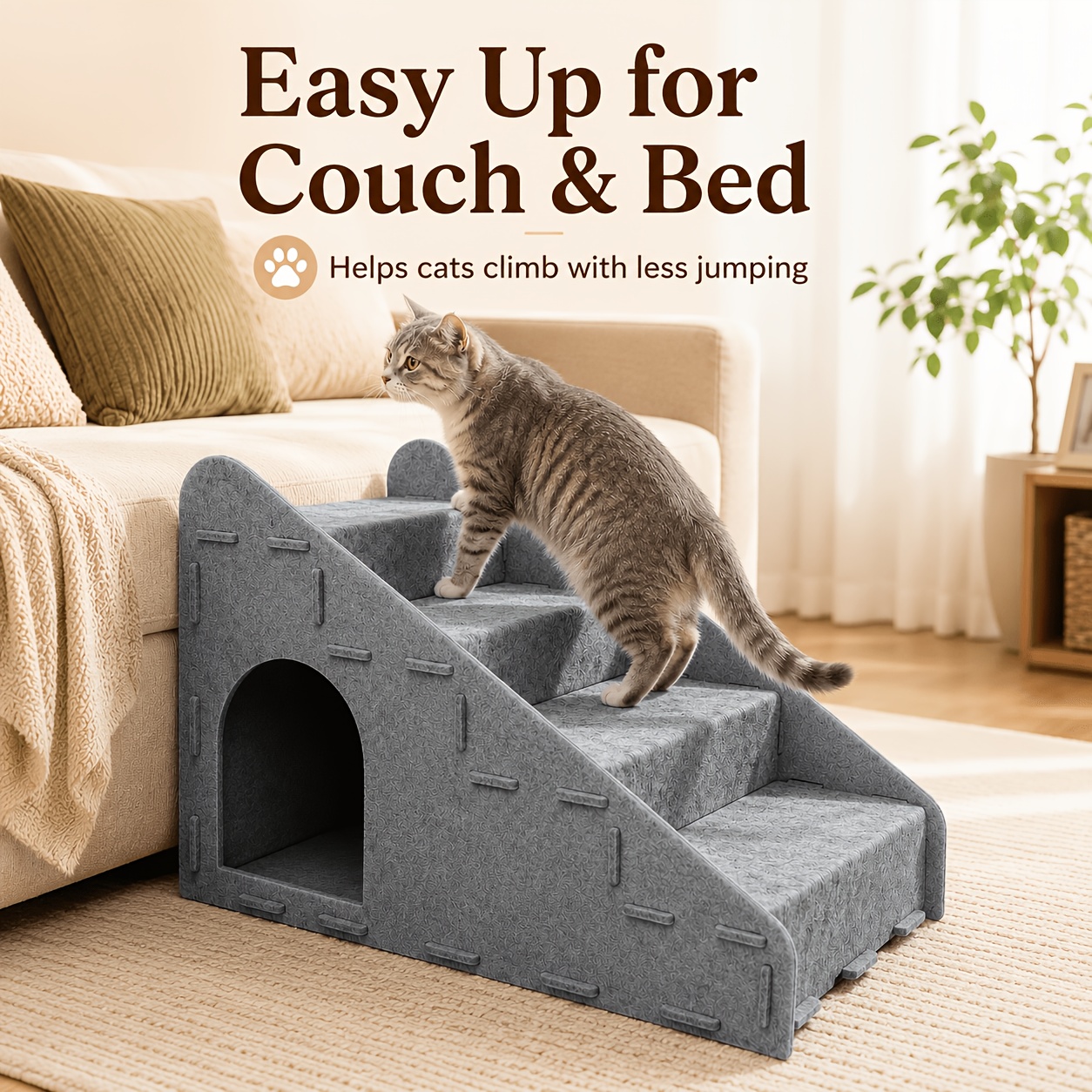TEMU 3-in-1 Multifunctional Pet Stairs, 4-step Ladder, Removable Dog Ramp, Cat Bed, Scratching Post, Etc., 4-tier Ramp, Durable And Stable Felt