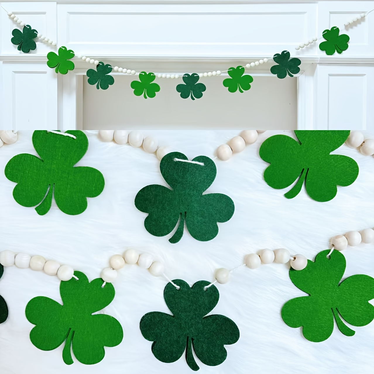 

's Day Ready-to-hang Wooden Bead Garland With Clover Charms - Rustic Farmhouse Decor For Shelf, Fireplace & Wall, 78" Irish Theme Tiered Tray Accent