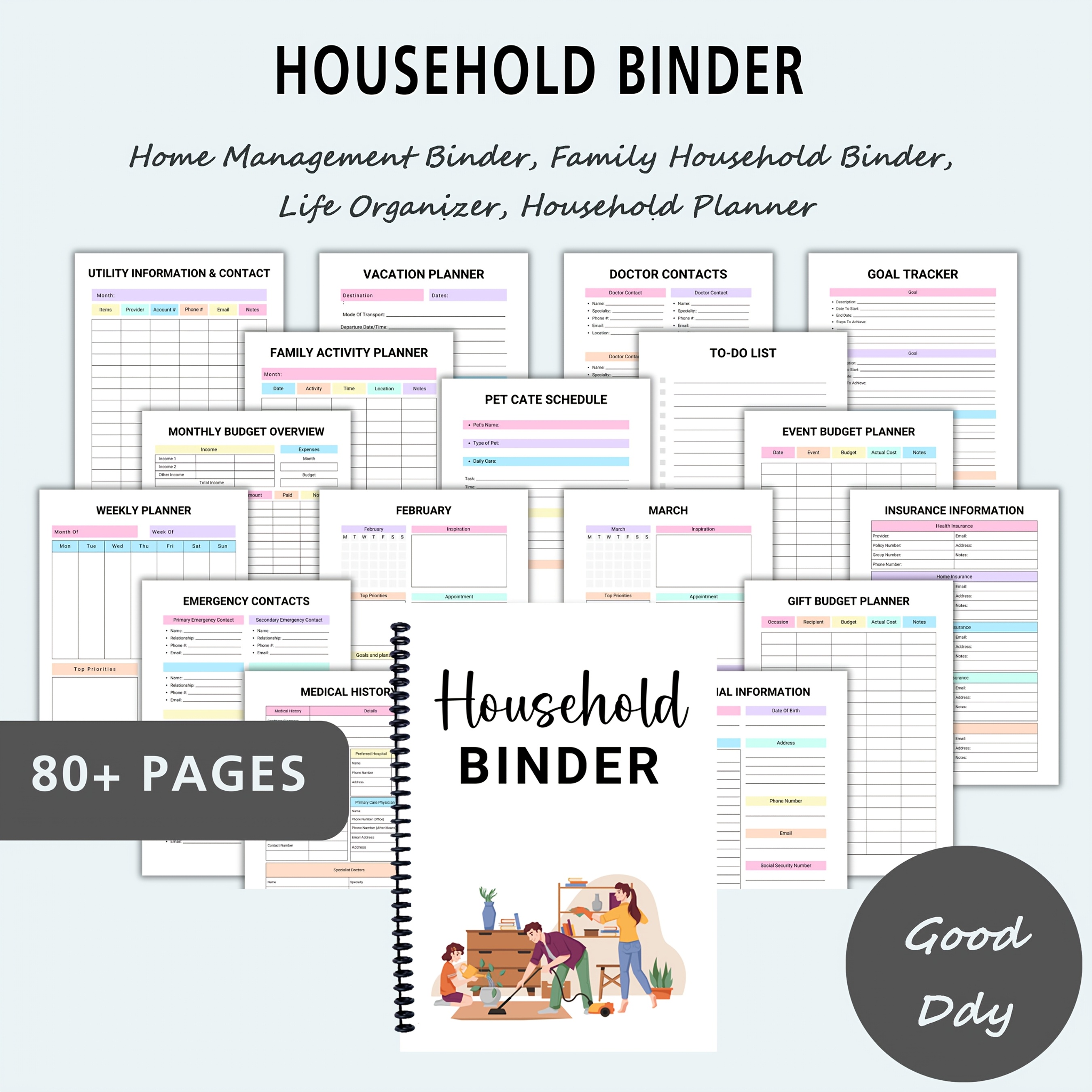 

80-page Household Binder Planner - Home With Monthly, Weekly, And Daily Organizers, Color- Tabs For Family Activities, Pet Care, And Household Planning, Daily Scheduling| Planner|spiralbound Planner