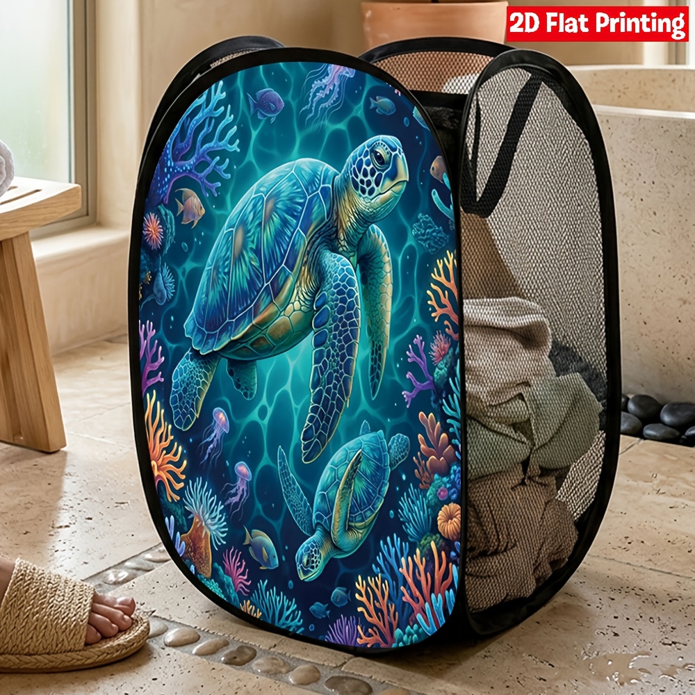 TEMU 1pc Ocean Turtle Mesh Pop-up Laundry Hamper Easy Foldable Storage Gift For Bedroom And Bathroom Organization