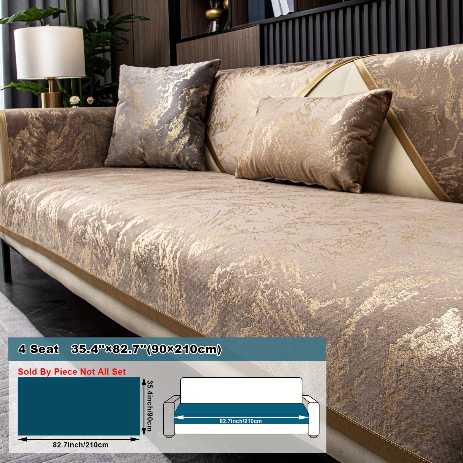 Image of 1pc Luxurious Gilded Hot- Sofa Cushion, European And Popular Dutch Velvet Golden-trimmed Sofa Cover, Washable Sofa Slipcover