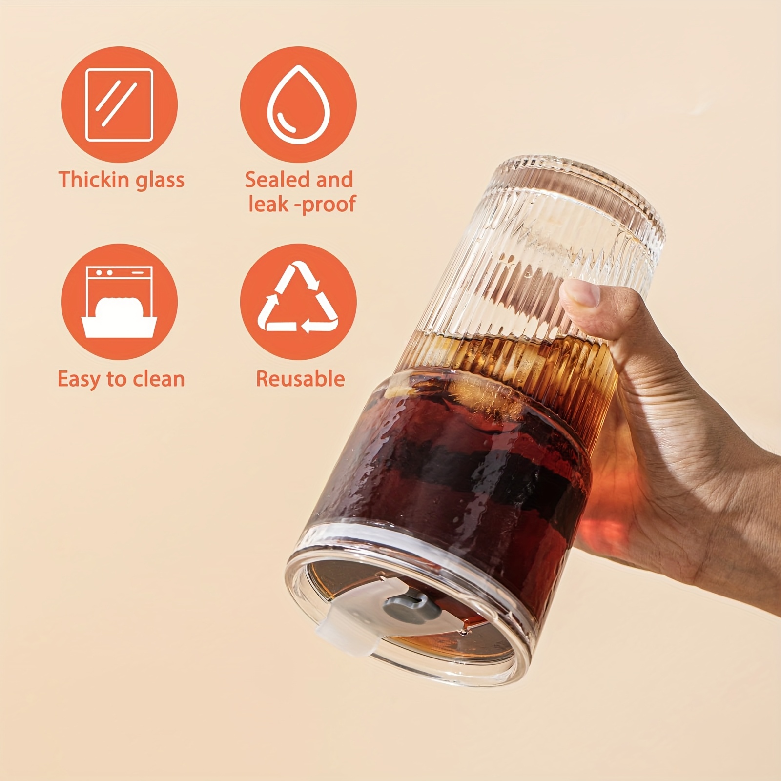 glasses with lid and straw set of 4 stylish ribbed design drinking cups for iced coffee cups juices smoothies cold drinks cleaning brushes included durable glassware Product details 2