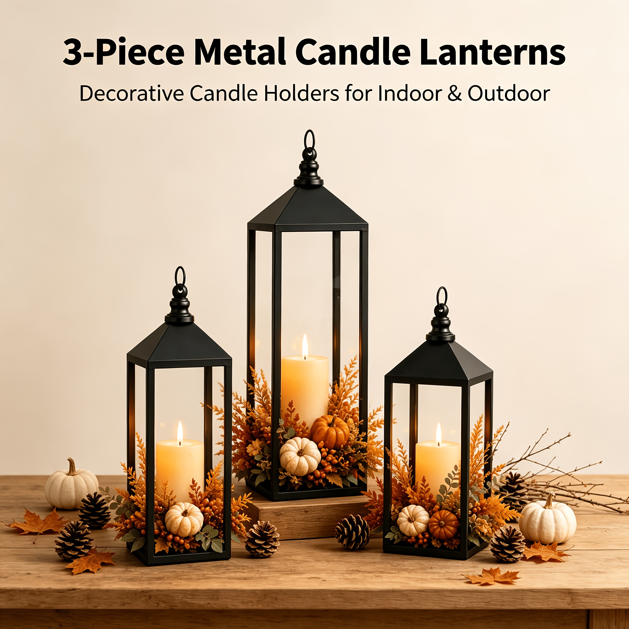 TEMU Ensemble de 3 bougeoirs en métal, lanternes de bougie noires, centre de table pour une utilisation intérieure et extérieure, décoration de ferme