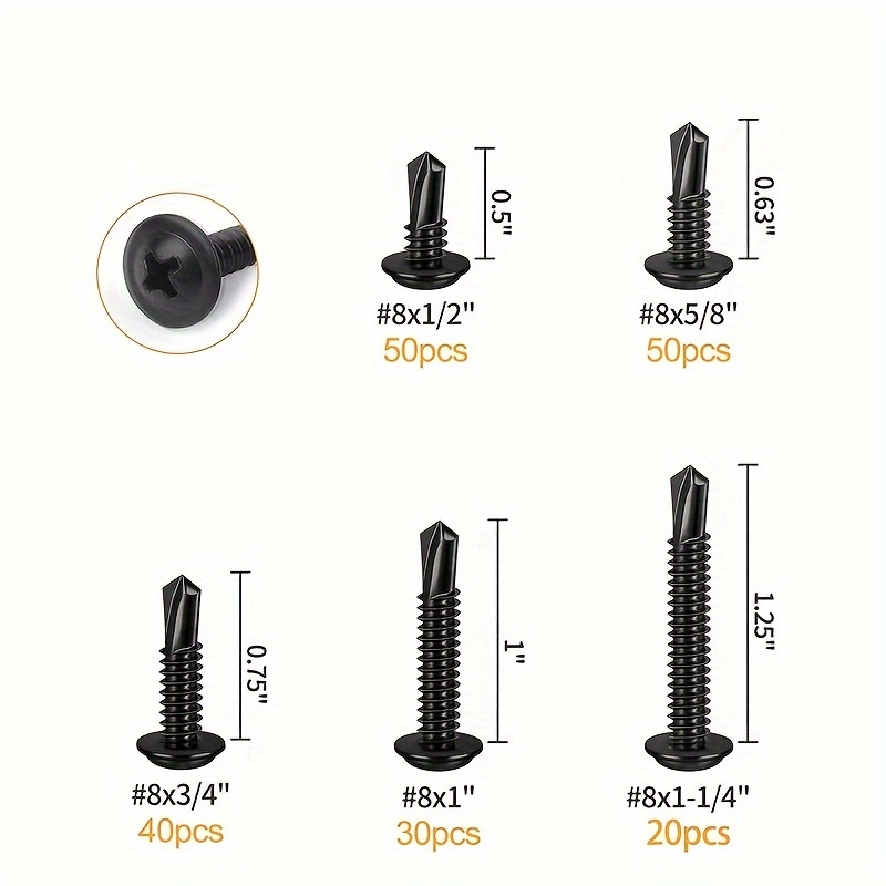 E-shop 190-teiliges Sortiment an selbstbohrenden Kreuzschlitzschrauben aus Edelstahl 410, schwarz verzinkt, korrosionsbeständig, 1/2 bis 1 1/4 Zoll