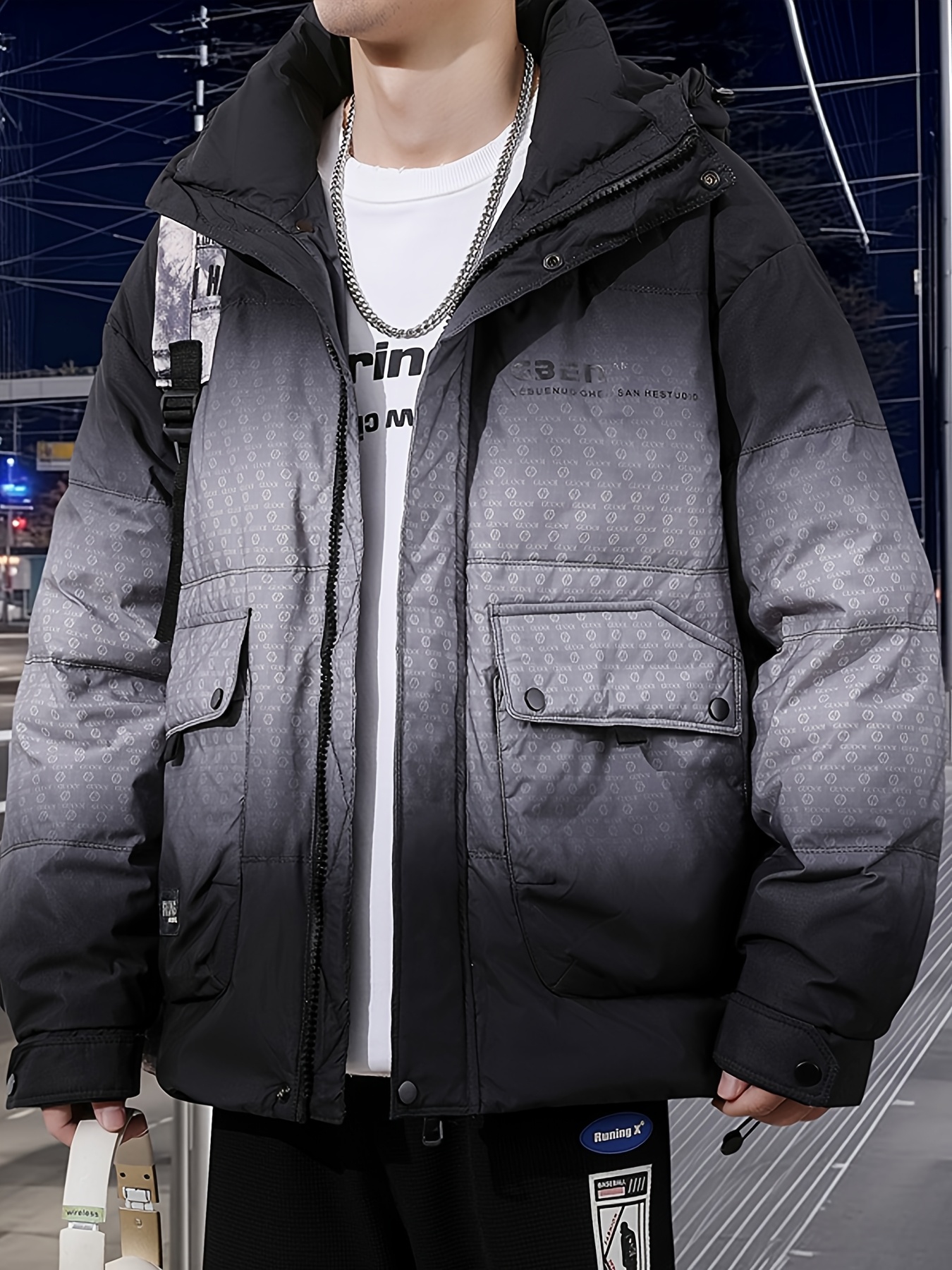 Men's Thick Warm Hooded Down Jacket, Gradient Design