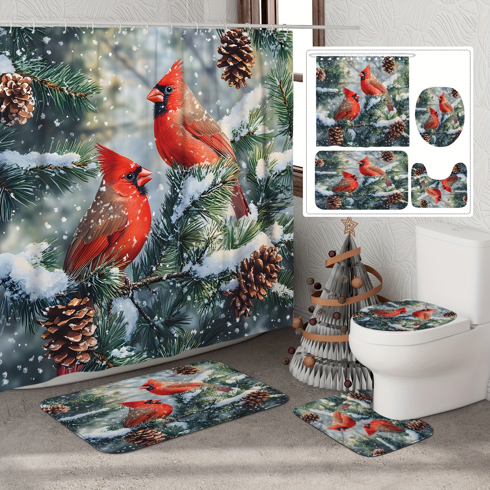 

1/4pcs Christmas Winter Shower Curtain Set Pine Cone Winter Scene Red Curtain Waterproof Polyester Washable For Holiday Bathroom Shower Home Decor With 12hooks Non-slip Bath Mat Toilet Lid Cover Mat