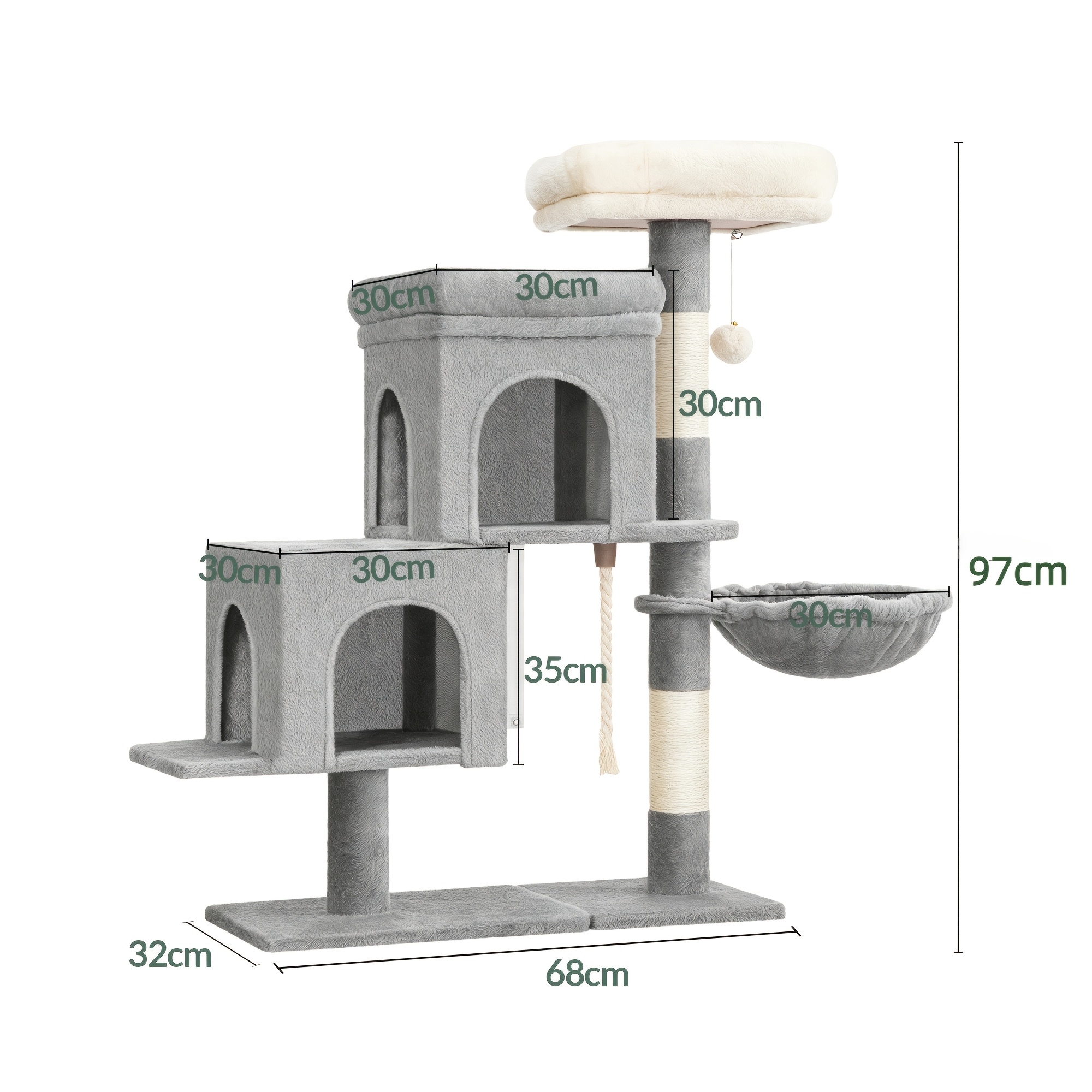 This Ultra-compact 98cm Cat Tree Features An , 3 Sisal Posts, A Large Viewing Platform, A Pom-pom, And Is Spacious And Stable