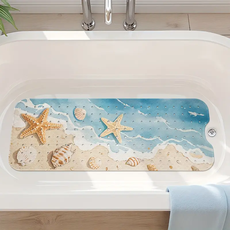 1pc beach print non slip shower mat pvc bath mat with ocean waves seashells design blue white bathroom bathtub and shower safety bathtub mat Product details 3
