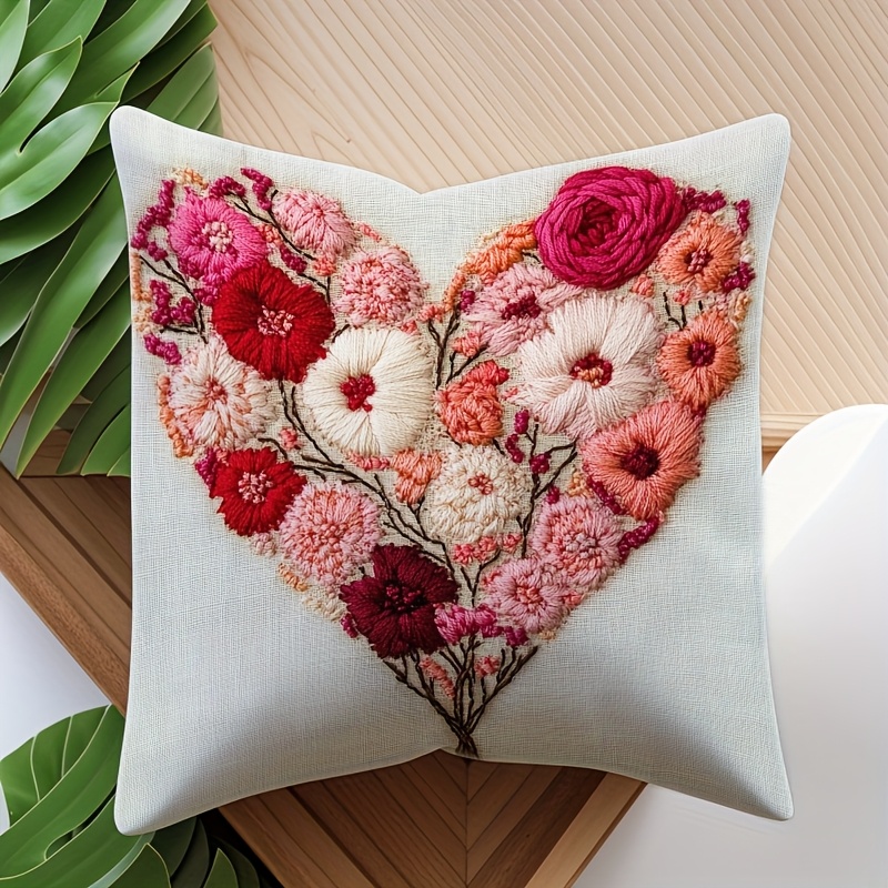 

[office Chic] Heart-shaped Floral Throw Pillow Cover, 18x18 Inches - Decorative Polyester With Zipper Closure For Sofa, Living Room, Bedroom, Office - Machine Washable, , Decorative Pillows