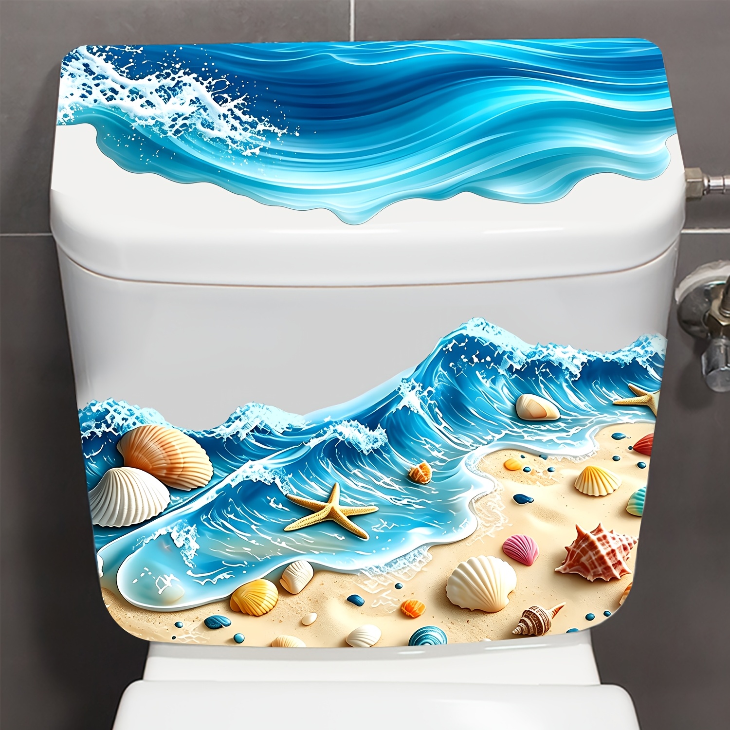 Image of 1pc Summer Beach Theme Bathroom Toilet Sticker, Starfish And Shell Pattern Wall Sticker, Bathroom , Toilet Tank And Wall Decoration, Home Decoration, Removable Self-adhesive Sticker