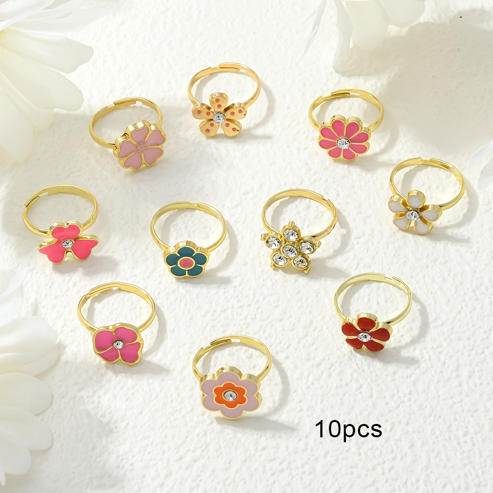 TEMU 10pcs Floral Series Alloy Open Bulk Ring Combination Multiple Colors And Shapes Flowers Spring And Summer Daily Matching Wearing Method Sweet
