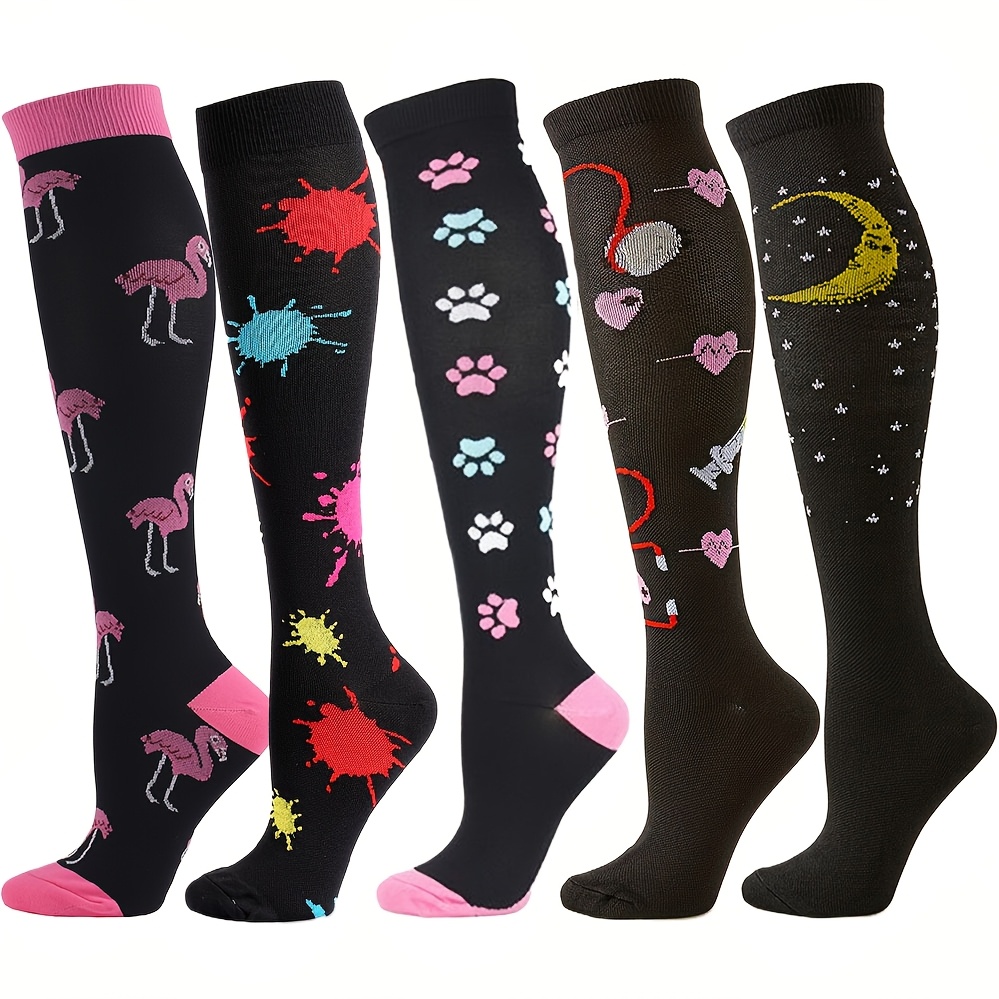 

5 Pairs Women's Over-the-knee Socks, Heart Pattern, Polyester (92% Polyester, 8% Spandex), Knit Fabric, Machine Washable, 299 G/m² Weight, For Cycling, Running, Yoga, Sports