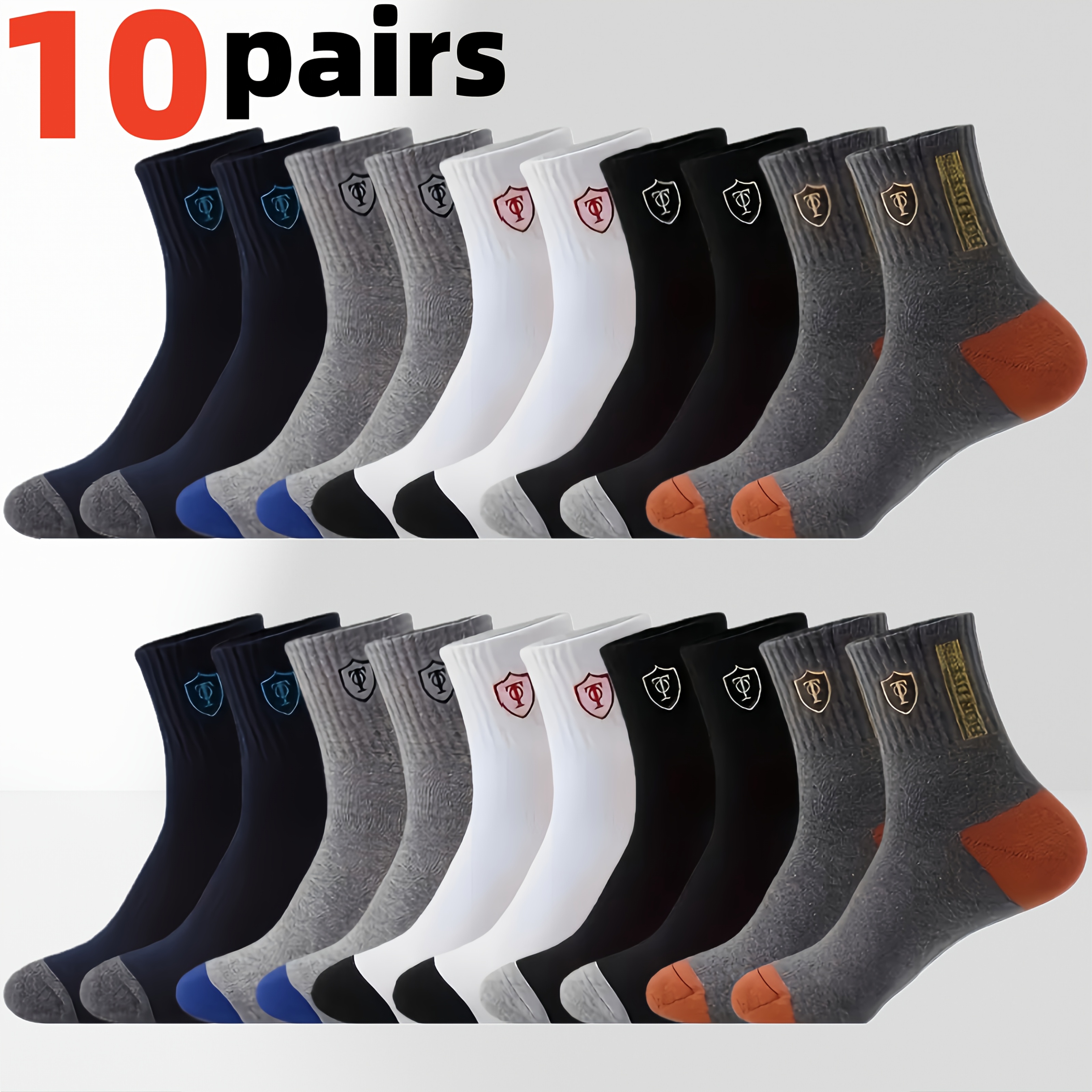TEMU 10-pair Letter Stripe Men's Sweat-absorbent Breathable Business Socks, Suitable For . Designed For And , Ideal For Sports And Business Casual