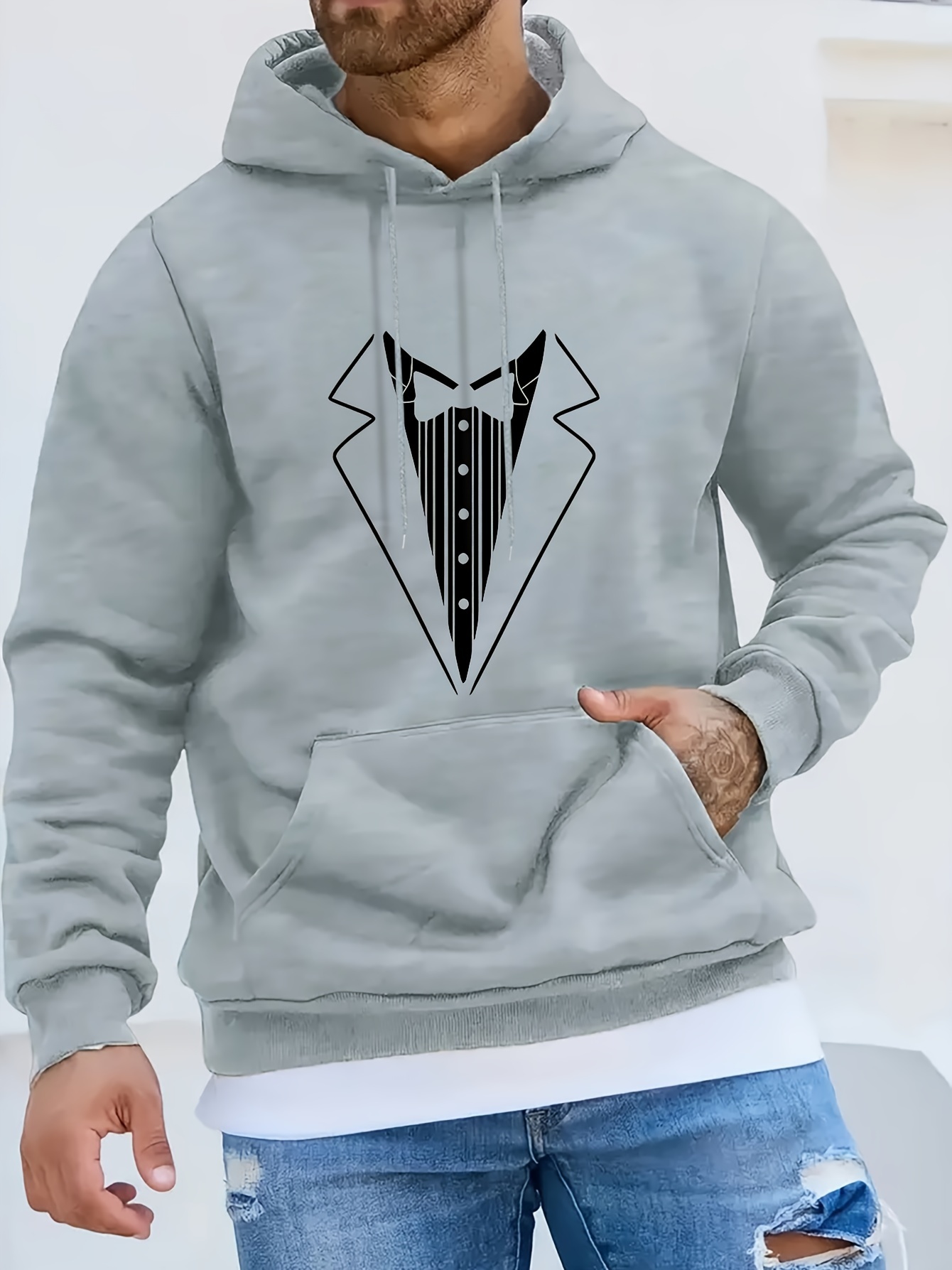 mens red hooded sweatshirt black suit tie print heavyweight Temu