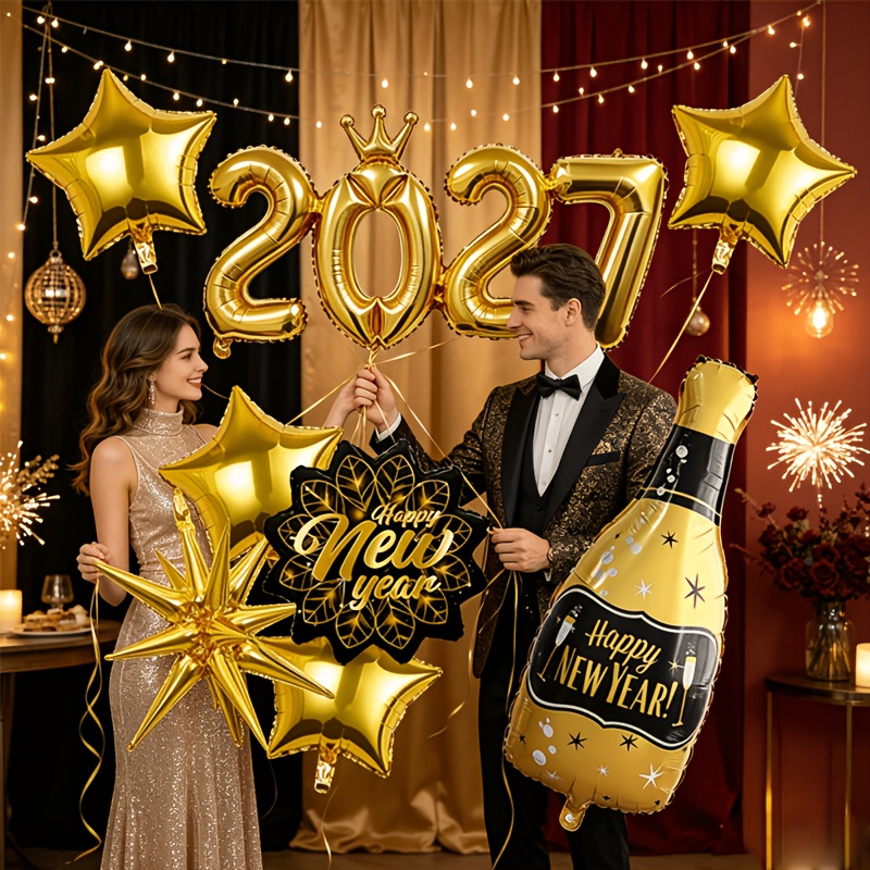 TEMU Juego de 8 globos de lámina de aluminio para 2027, 1 de número 2027 con corona dorada + de botella de champán + con forma de copo de nieve de +