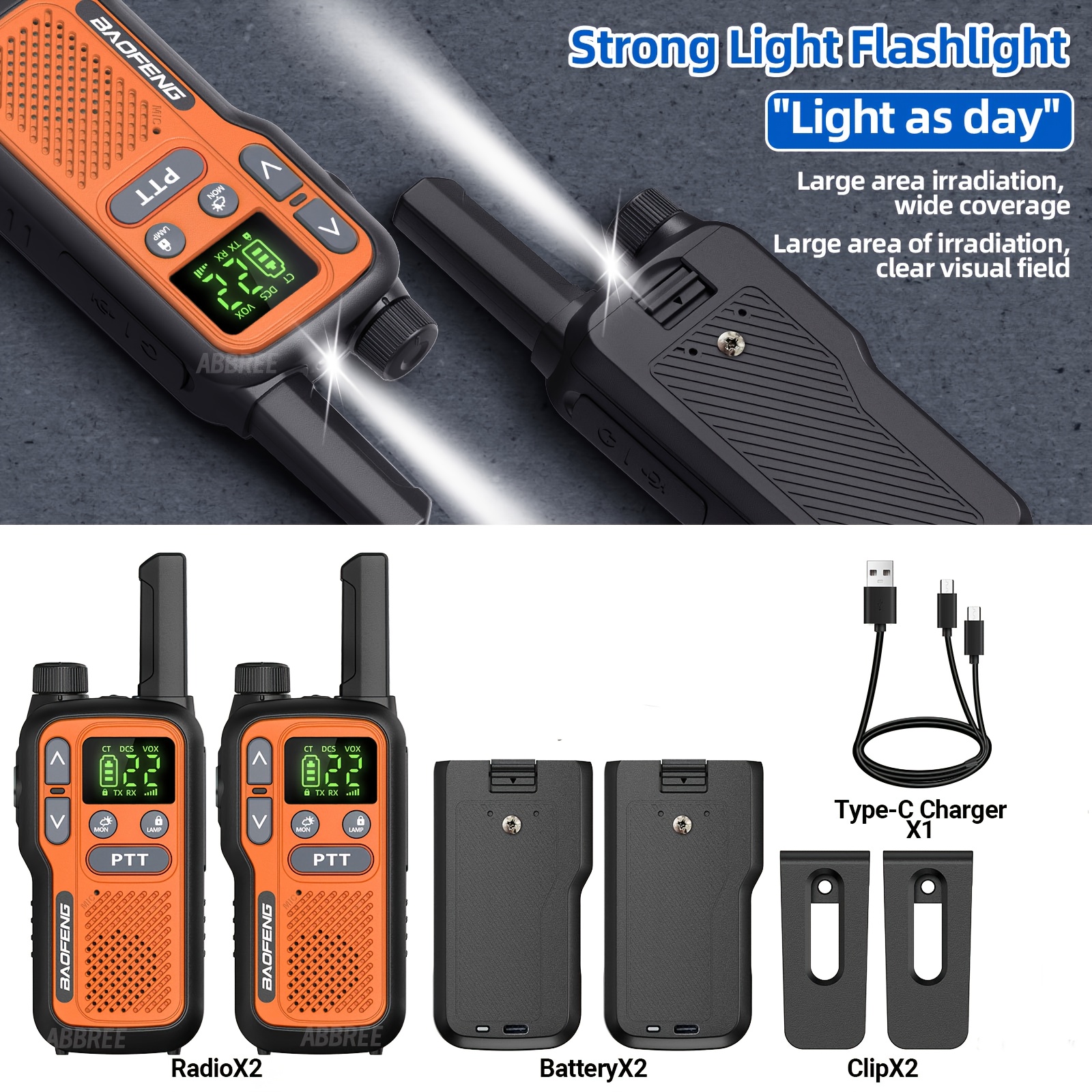 BAOFENG Walkie Talkies for Adults with 22 FRS Channels & LCD Display, VOX Scan/Scan Function, USB-C & Li-ion Battery, for Hiking, Camping, Family, Outdoor, USB- Flashlight (VOX Activation)